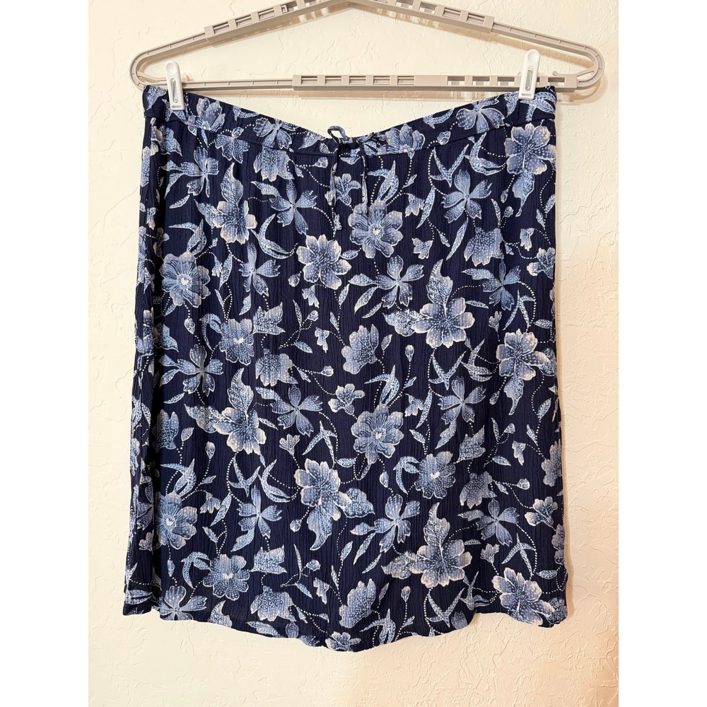 Vintage Jaclyn Smith Floral Plisse Midi Skirt 2X Navy Blue Rayon Elastic Waist
